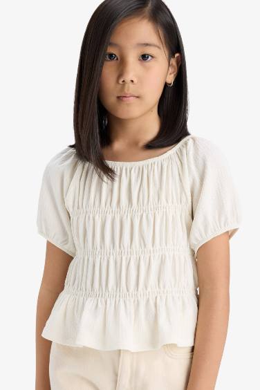 Girl Relax Fit Crew Neck Crepe Short Sleeve Blouse