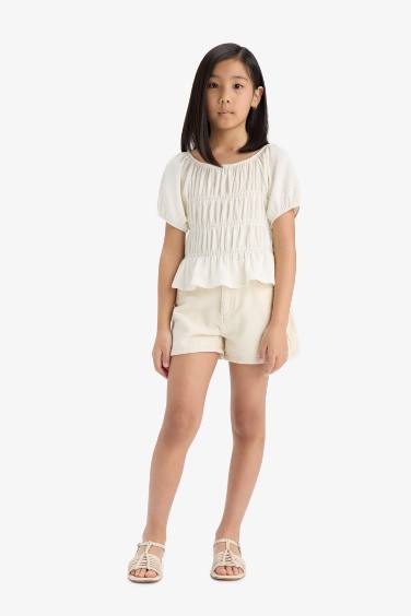 Girl Relax Fit Crew Neck Crepe Short Sleeve Blouse