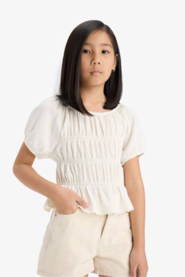 Girl Relax Fit Crew Neck Crepe Short Sleeve Blouse