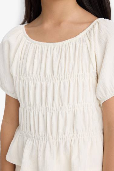 Girl Relax Fit Crew Neck Crepe Short Sleeve Blouse