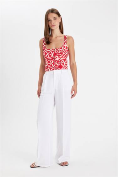 Wide Leg Geniş Paça Keten Karışımlı Kumaş Pantolon Yüksek Bel Cepli Piliseli Basic Düz Uzun Boy