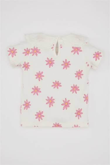 تيشيرت بناتي نص ردن مضلع فلورال قصة عادية