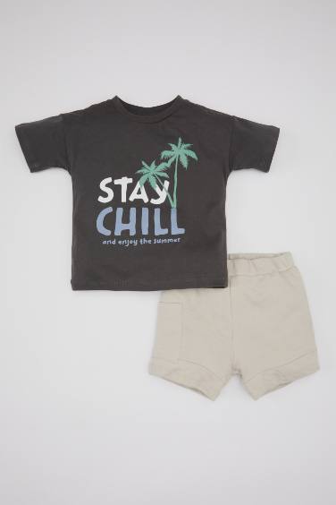 Baby Boy Slogan Printed Cotton T-Shirt Shorts 2 Piece Set