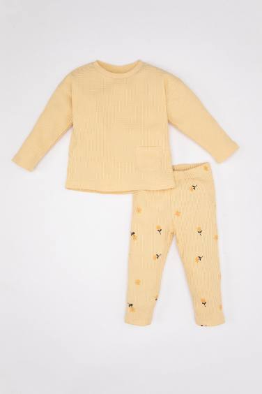 Ensemble de T-Shirt en Waffle et Legging Fleuri pour Bébé Fille - 2 Pièces