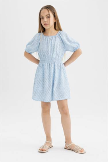 Girl Wrinkled Patterned Short Sleeve Dress