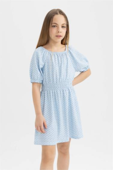 Girl Wrinkled Patterned Short Sleeve Dress
