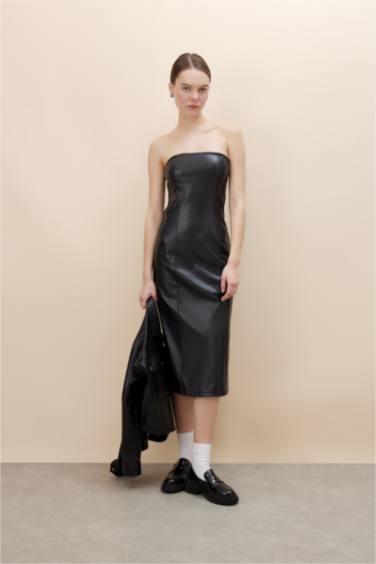 فستان ميدي نص ردن جلد صناعي بوديكون بدون حمالات