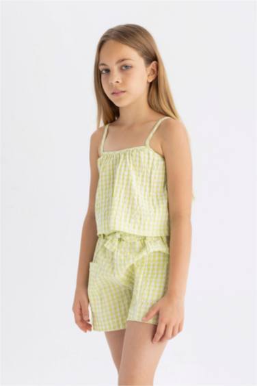 بلوزة بناتي كاروهات بحمالات أصفر