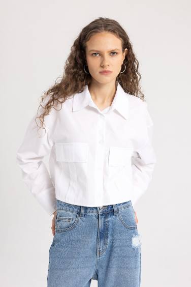 Poplin Basic Long Sleeve Crop Shirt