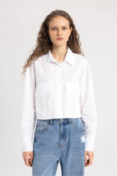 Poplin Basic Long Sleeve Crop Shirt