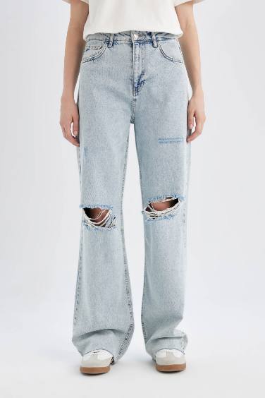 Pantalon 90'S à Jambe Large en Jean Long Délavé à Taille Haute avec Détails Déchirés