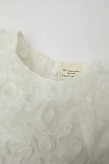 فستان بناتي تول قصة عادية نص كم بياقة مستديرة