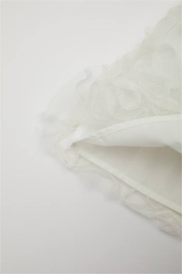 فستان بناتي تول قصة عادية نص كم بياقة مستديرة