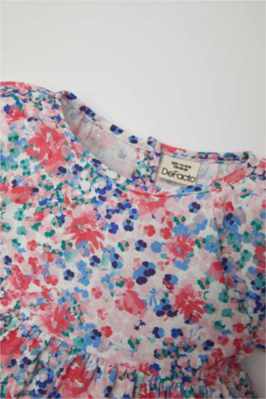 Robe manches courtes aspect lin imprimée pour bébé fille