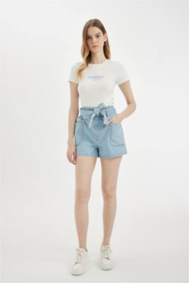 شورت جينز بيبرباج أزرق بخصر عالي