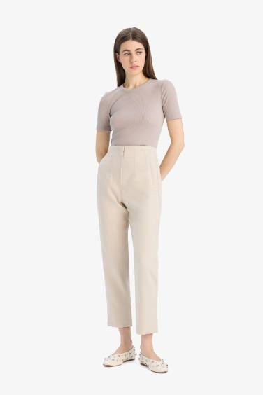 Carrot Fit Crop Kumaş Pantolon Fermuarlı Yüksek Bel Dar Paça