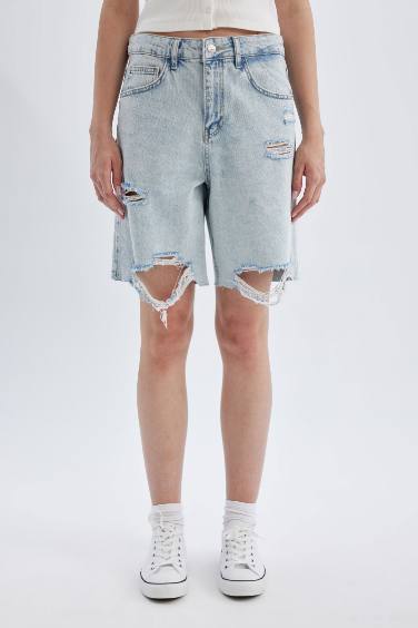 Short Bermuda Jean Déchiré à Taille Normale