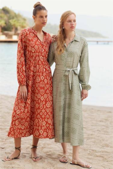 Shirt Collar Aerobin Long Sleeve Midi Dress