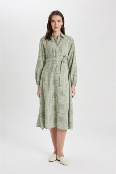 Shirt Collar Aerobin Long Sleeve Midi Dress