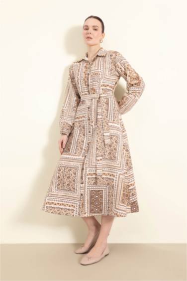 Shirt Collar Patterned Aerobin Belted Midi Dress
