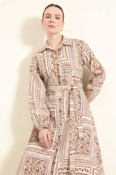 Shirt Collar Patterned Aerobin Belted Midi Dress