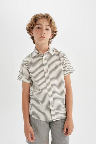 Boy's Regular Fit Polo Neck Linen Blend Shirt