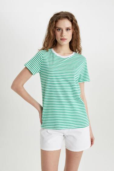 Regular Fit Striped Crew Neck Basic Short Sleeve T-Shirt