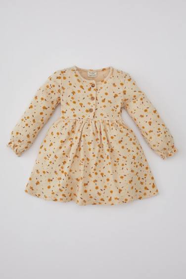 Baby Girl Patterned Long Sleeve Ribbed Dress