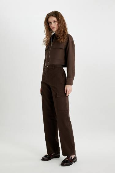 Pantalon Cargo en Gabardine à Taille Haute et jambes larges