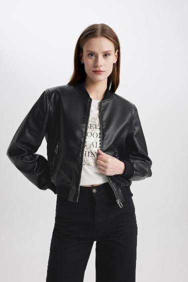 College Collar Faux Leather Bomber Jacket