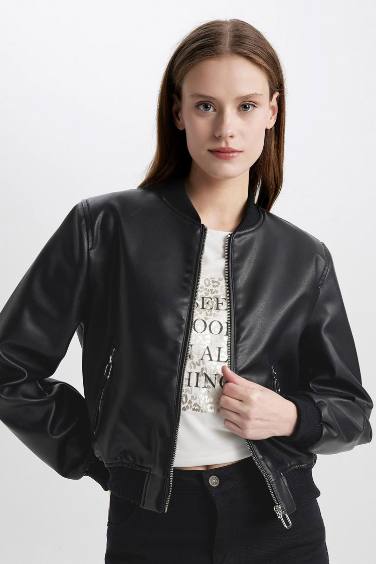 College Collar Faux Leather Bomber Jacket