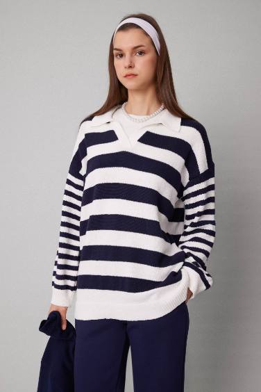 Regular Fit Striped Polo Neck T-Shirt Tunic