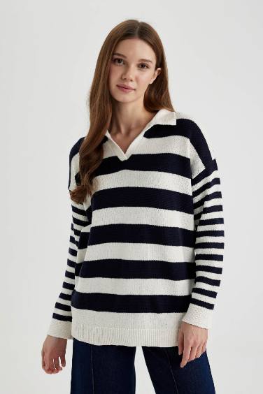 Regular Fit Striped Polo Neck T-Shirt Tunic