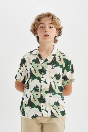 Boy Oversize Patterned Viscose Short Sleeve Shirt