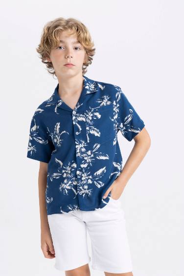 Boy Oversize Fit Polo Neck Patterned Viscose Shirt