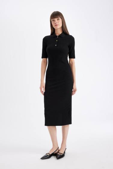 Bodycon Polo Neck Corduroy Half Sleeve Midi Dress