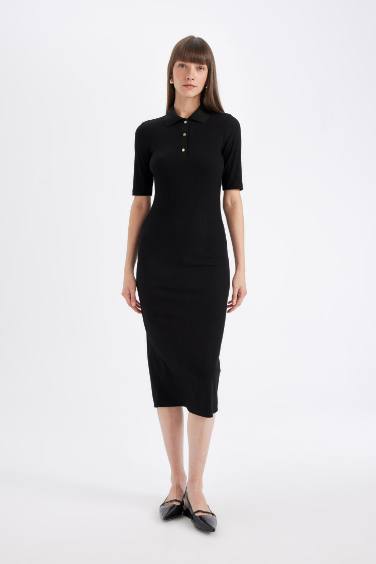 Bodycon Polo Neck Corduroy Half Sleeve Midi Dress