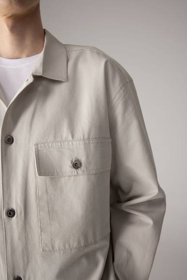 Oversize Fit Polo Collar Twill Shirt Jacket