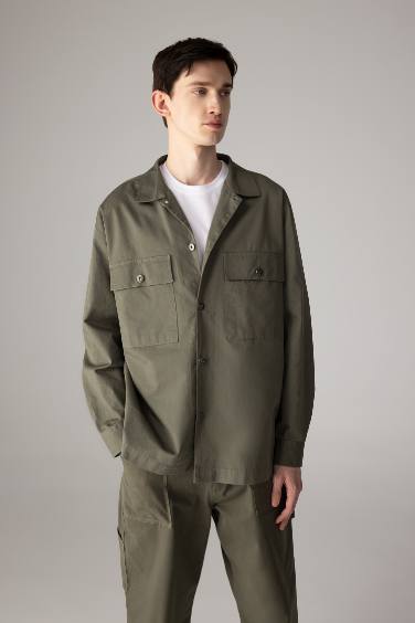 Oversize Fit Polo Neck Twill Long Sleeve Shirt