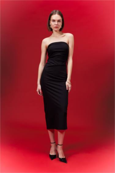 Bodycon Vücudu Saran Straplez Basic Düz Siyah Maxi Elbise