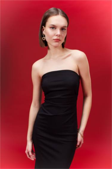 Bodycon Vücudu Saran Straplez Basic Düz Siyah Maxi Elbise