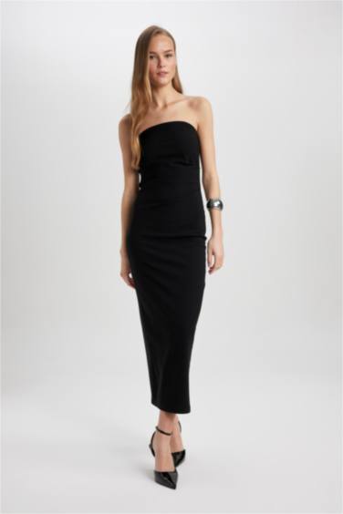 Bodycon Vücudu Saran Straplez Basic Düz Siyah Maxi Elbise