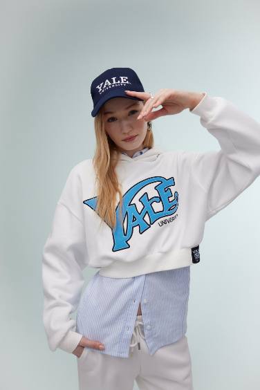 Coool Yale University Oversize Fit Kapüşonlu Crop Sweatshirt