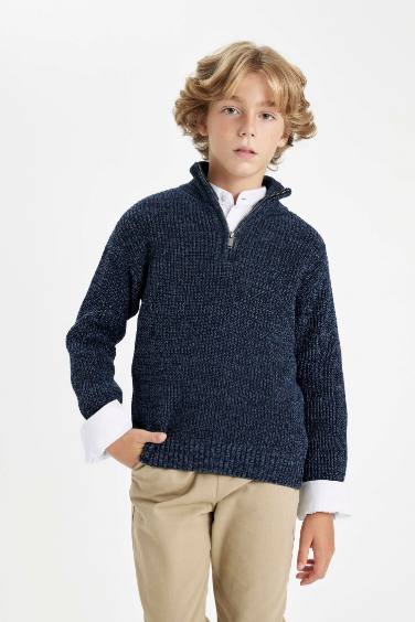 Boy Regular Fit Zippered Collar Knitwear Pullover