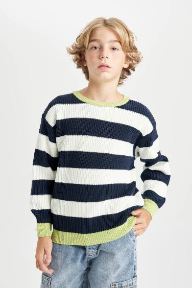 Boy Crew Neck Color Detailed Striped Knitted Pullover