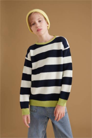 Boy Crew Neck Color Detailed Striped Knitted Pullover