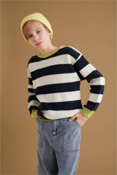 Boy Crew Neck Color Detailed Striped Knitted Pullover