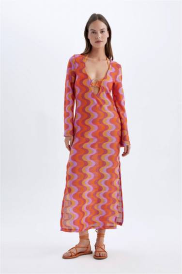 Regular Fit Long Sleeve Maxi Lace Beach Dress