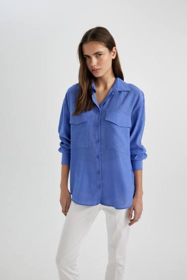 Oversize Fit Shirt Collar Crinkle Fabric Long Sleeve Shirt