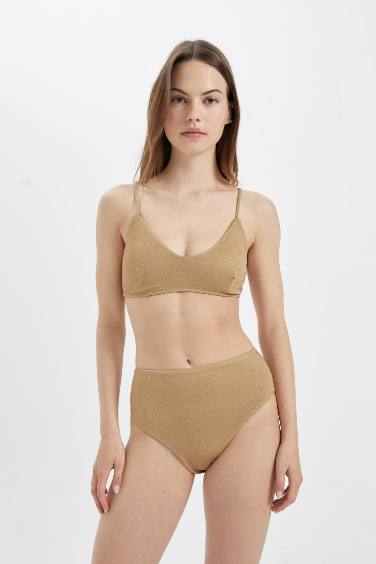 Bas de Bikini Taille Haute en Tissu Brillant Coupe Régulière de Fall In Love